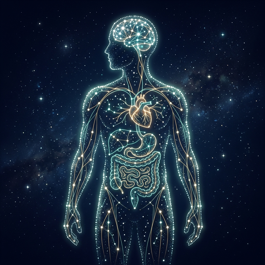 Human body rendered as a constellation of stars — representing how GeneGaze maps your genome like a night sky